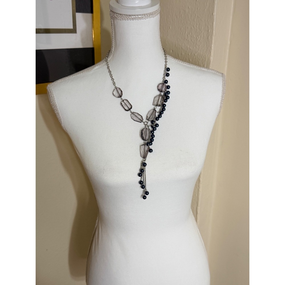 Silver Tone Asymmetrical Y-Drop Necklace Smoky Grey Resin Navy Blue Faux Pearl